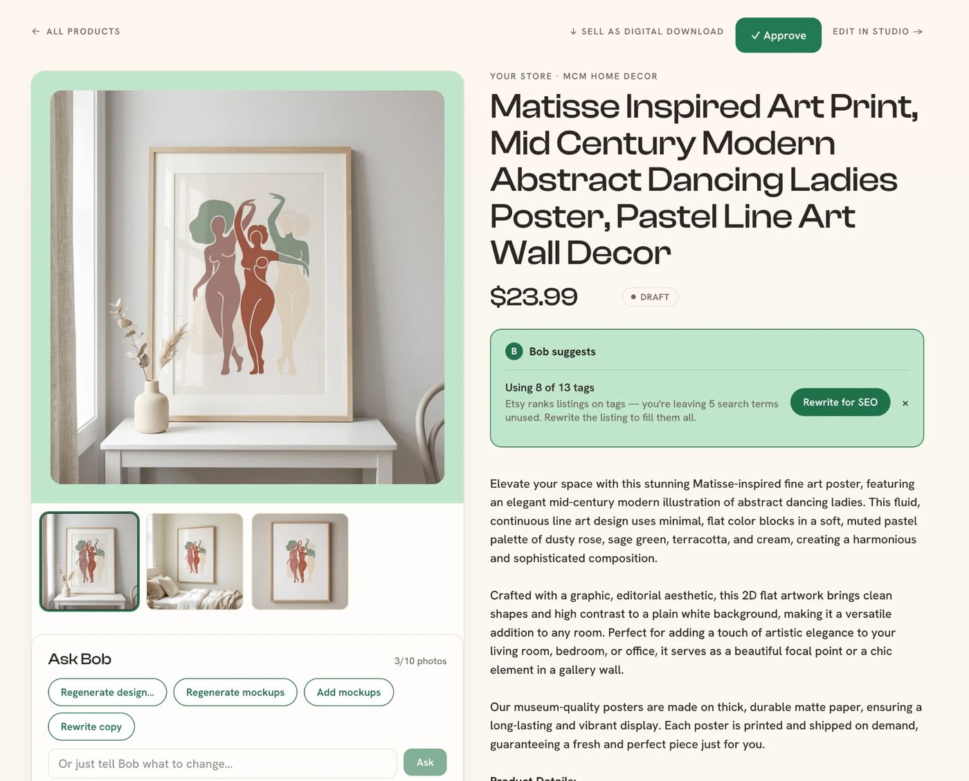 A real product draft in Bob's approval queue: a Matisse-inspired art print with Bob's SEO suggestion and the Approve button